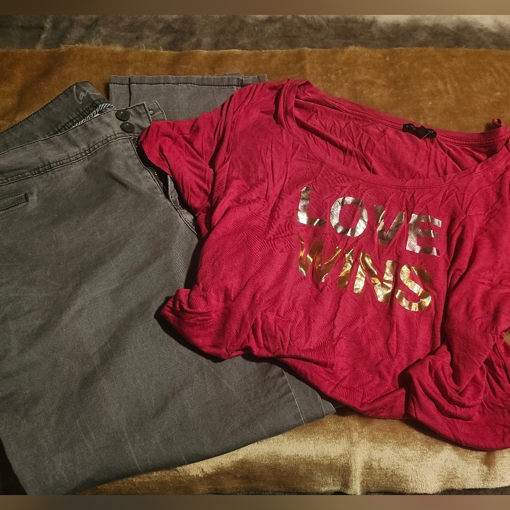 Hot Pink'Love Wins' Top and Gray Pants Bundle Lane Bryant...18/20